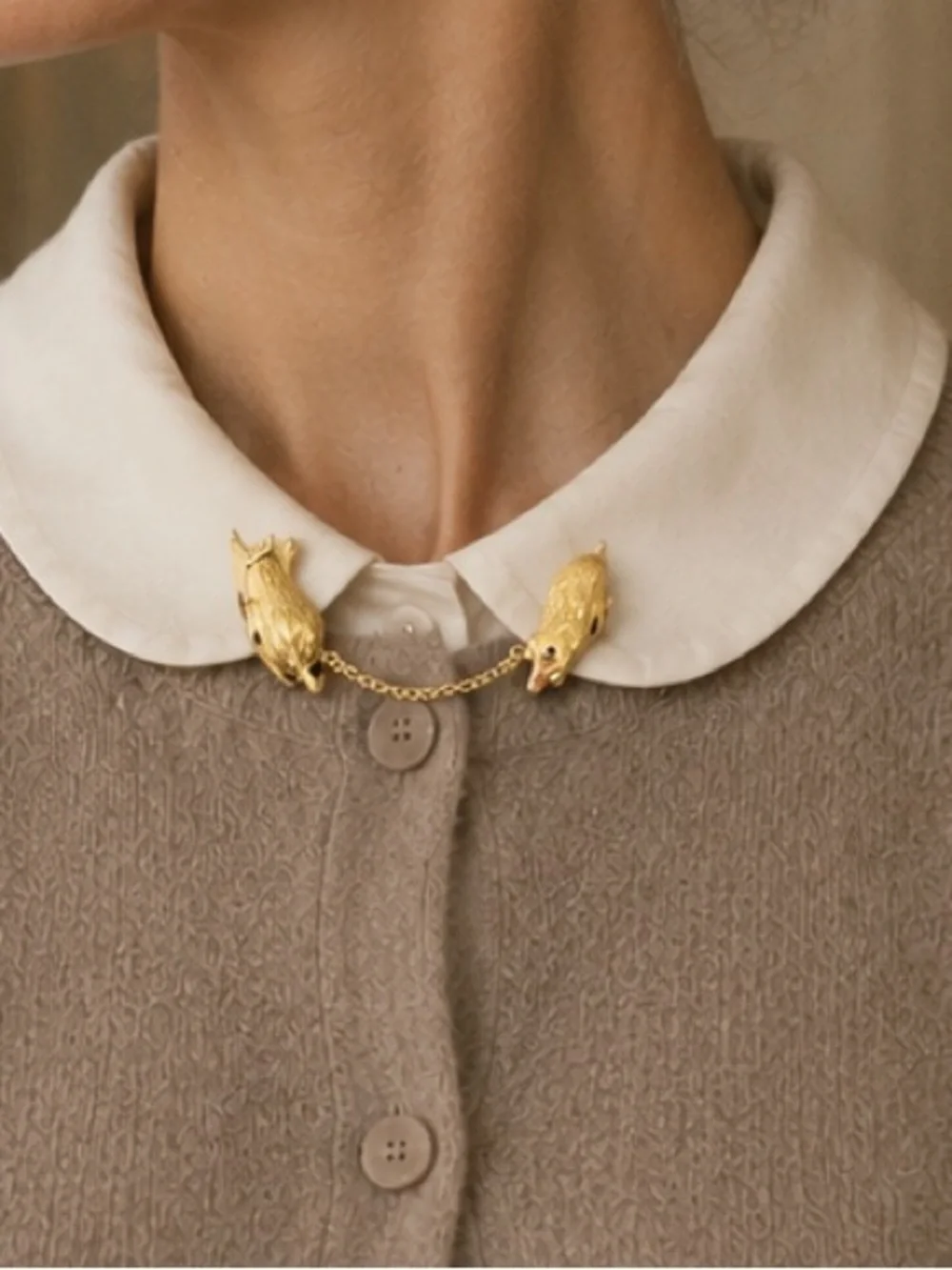 Vintage Gold Mouse + Cat Animal Sweater Collar Clip
